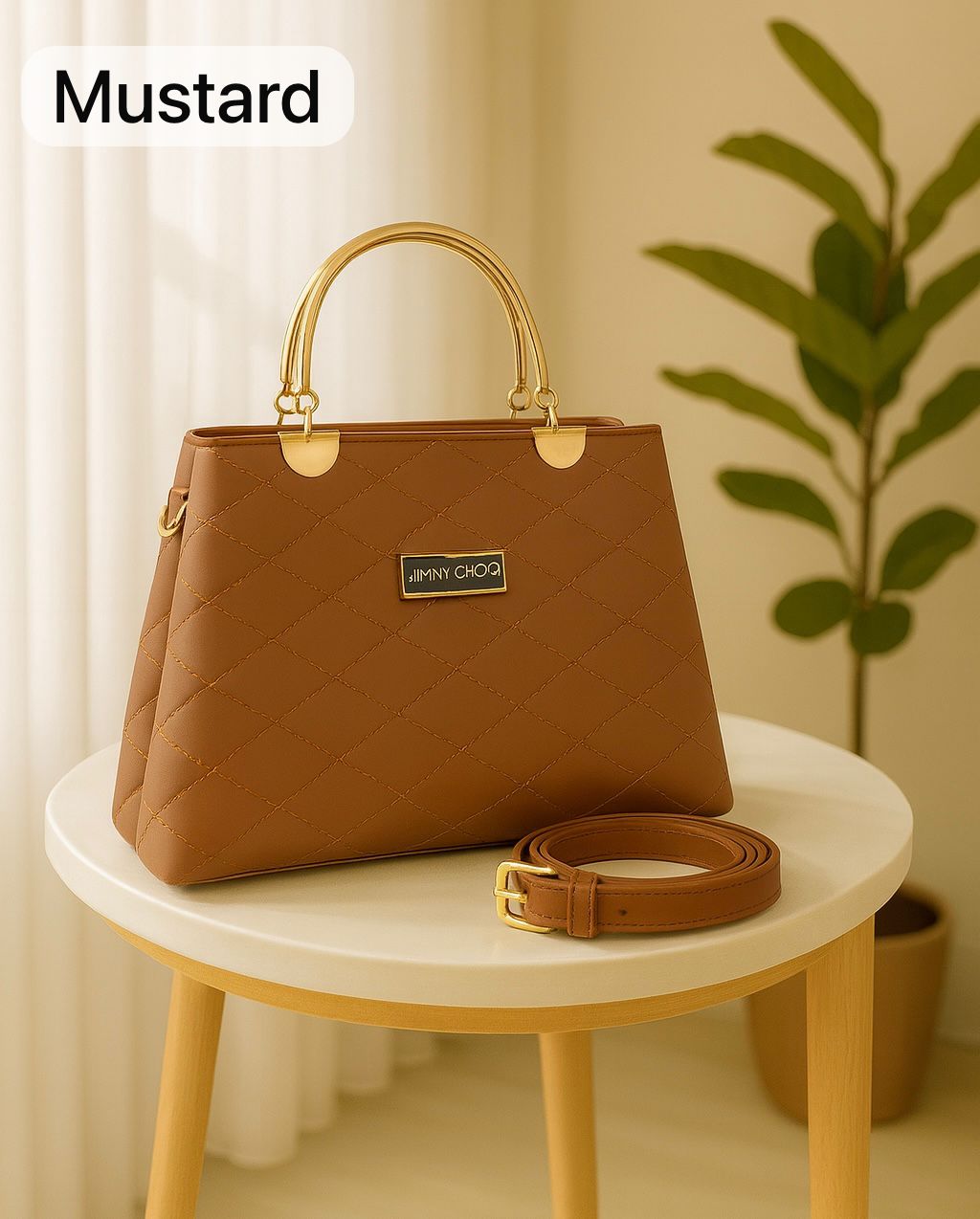 Premium Quilted Faux Leather Handbag | Gold Handles |