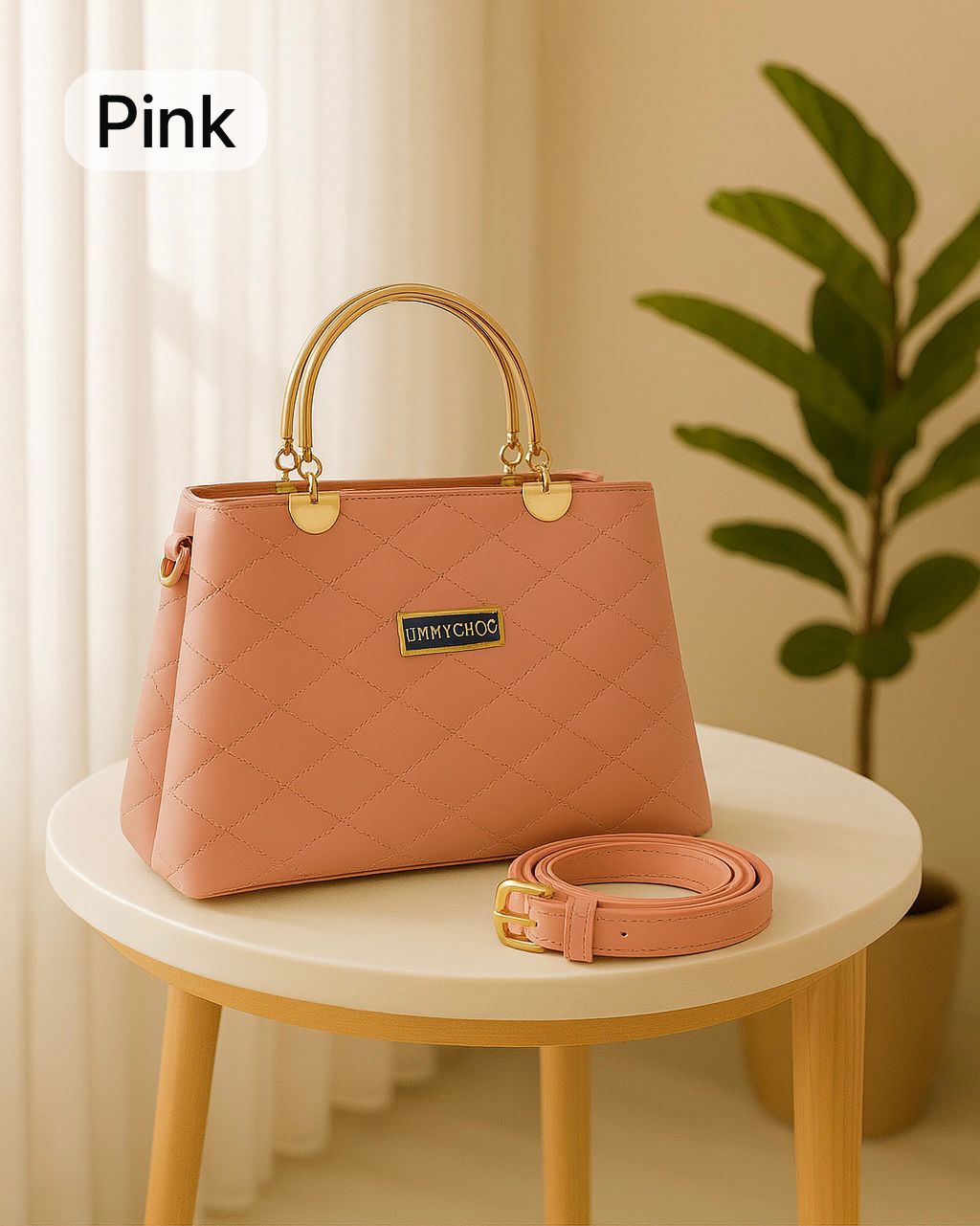 Premium Quilted Faux Leather Handbag | Gold Handles |